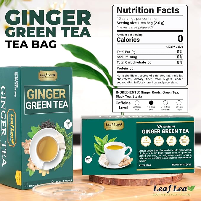 LeafLea Herbal Green Tea With Ginger, Digestion & Immune Support, 160 Count | Bulk Ginger Green Tea Blend, Best-Value Stock-Up, Stevia-Sweetened, Low Caffeine, Foil-Sealed Bags