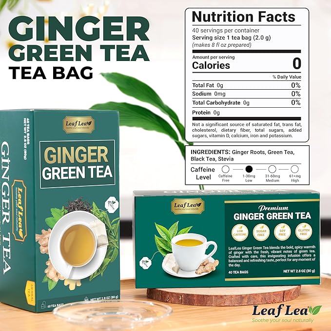 LeafLea Green Tea With Ginger Bags, Digestion & Immune Support, 40 Count | Soothing Ginger Green Tea Blend, Stevia-Sweetened, Low Caffeine, Sugar-Free, Foil-Wrapped Bags