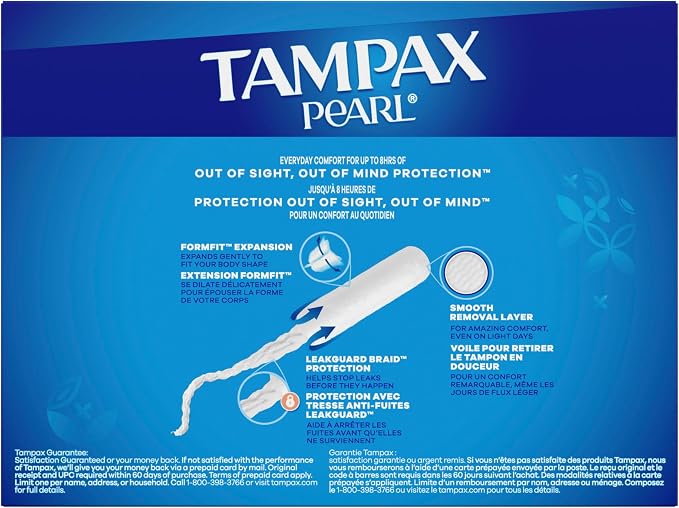 Tampax Pearl Tampons for Women, with LeakGuard Braid, Ultra Absorbency, Unscented, 45 Count (Pack of 6)