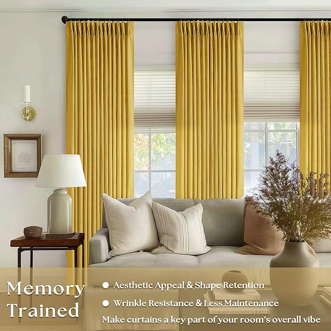 Mustard Yellow Pleated Semi Sheer Linen Curtains 108 Inches Long 2 Panel | for Living Room Bedroom Ceiling Floor, Light Filtering, Gold Yellow, 400GSM Linen Fabric, Pinch Pleat Memory Shape Trained