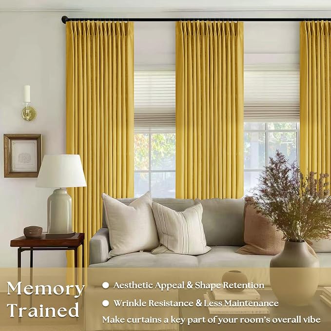 Mustard Yellow Pleated Semi Sheer Linen Curtains 96 Inches Long 2 Panel Set | 400GSM Fabric, Light Filtering, Pinch Pleat with Rings Hooks Drapes, Spring Farmhouse Rustic, for Bedroom Living Room