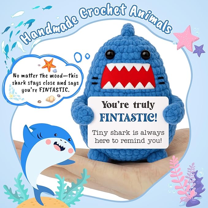 Positive Crochet Animals Shark Birthday Gifts for Men Women Christmas Stuffers Emotional Inspirational Motivational Appreciation Support Gifts for Friends Teens Coworkers Boss Brother Dad Boyfriend