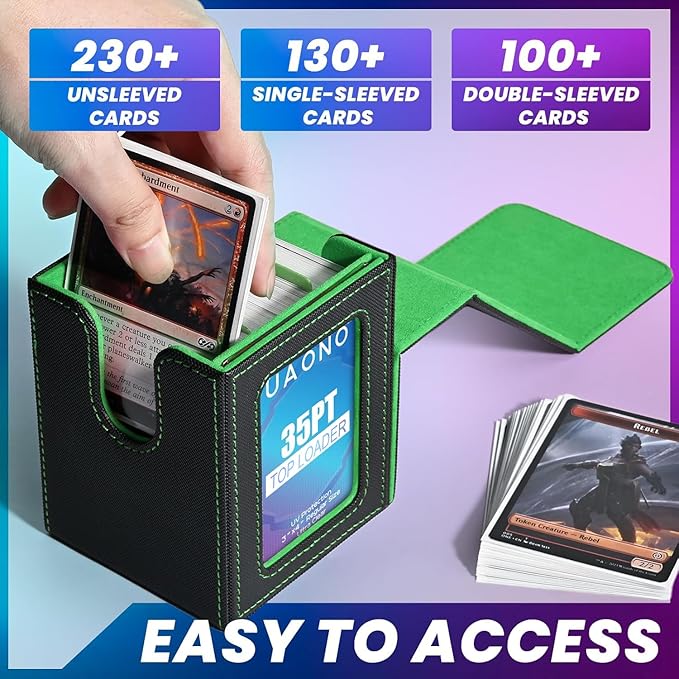UAONO Card Deck Box with MTG Commander Display, Deck Case Holds 100+ Double-Sleeved Cards, Trading Card Storage Box Fits TCG/PTCG/Sports Card with 2 Dividers, 1 Top Loaders (Black, Dark Green)