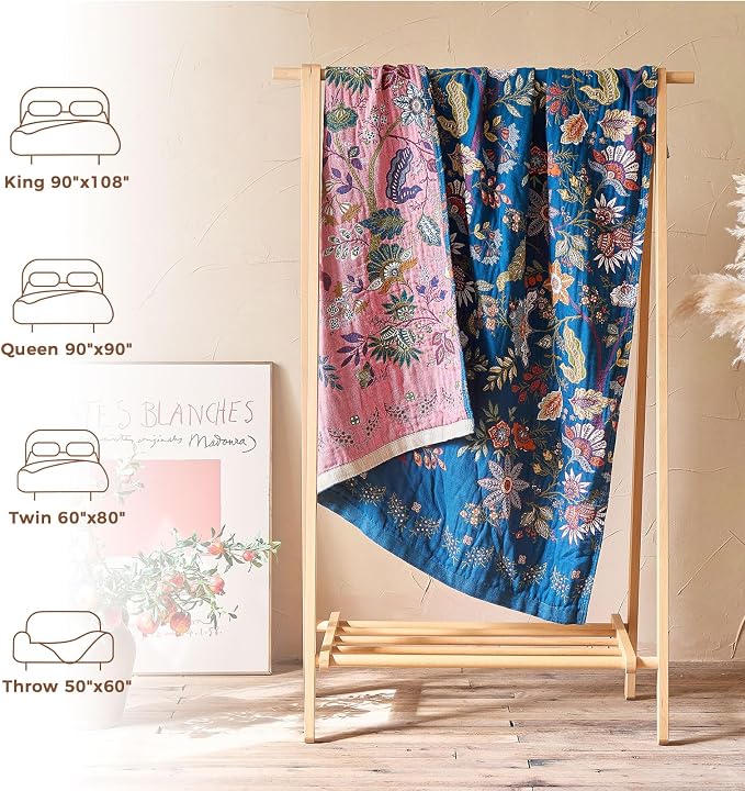 LUTBM Boho Throw Blanket for Couch 50"x60", Cotton Decorative Bed Throw | Blue Reversible Floral Jacquard, All-Season Blankets, For Chair Sofa Living Room Decor, Lightweight Breathable Gauze