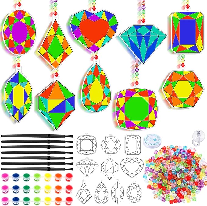 30 Sets Jewel Suncatchers Window Art Kits, DIY Sun Catchers Bulk Crafts Paint Your Own Window Jewel Gemstone Diamond Ornaments for Boys Girls Classroom Home Party Birthday Activity Decor