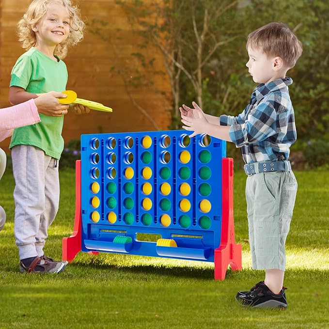COSTWAY Giant 4 in a Row Game with Storage Carry Bag, Jumbo 4-to-Score Game with Chess, Quick Release Slider for Kids Adults, Indoor Outdoor Backyard Game Set, Free-Standing/Wall-mounting (Blue)