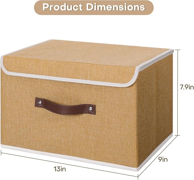 ANMINY Fabric Storage Box Bins with Lids, Khaki, 13"x9"x7.9", 2 Pack | Keepsake Memory Storage, Cotton Linen, PP Board Reinforced, Washable, PU Handles, Foldable & Stackable, Decorative, Medium