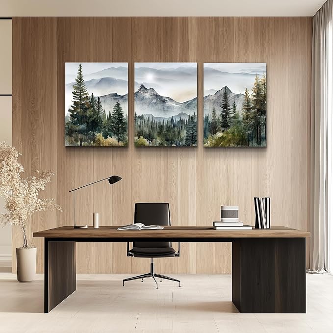 MHARTK66 Wall Art for Living Room Modern Wall Decor for Bedroom Office Decor Abstract Mountain Forest Landscapes Ink Painting 3 Piece Framed Canvas Art Prints Ready to Hang Wall Pictures Home Decor