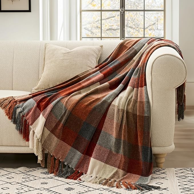 Plaid Chenille Fall Throw Blanket, 60"x80", Harvest Orange Plaid | Super Soft Knit Throw with Tassels, Cozy, Decorative Rustic Farmhouse Decor for Autumn, Ideal for Couch Bed Sofa Gift
