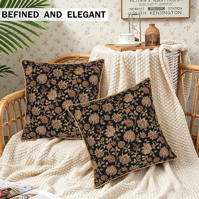 Vintage Tapestry Floral Soft Velvet Throw Pillow Covers Set of 2 Black Brown Bohemian Boho Carpet Flowers Decorative Pillow Covers 20x20 Inch Rustic Retro Rug Pillow Case For Sofa Couch Home Decor