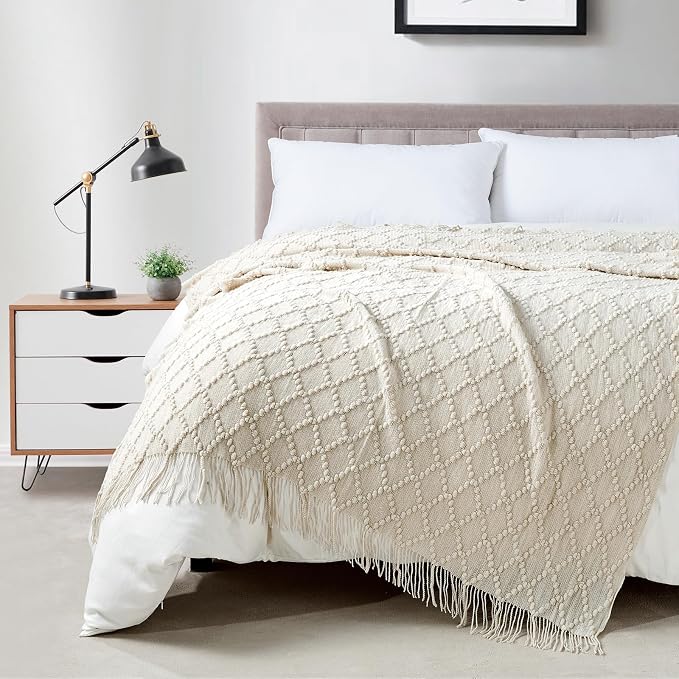 BOURINA Beige Throw Blanket 50 x70 Inch Jacquard Throw Knitted Blanket | Jacquard Argyle Throw Textured Solid Soft Throws and Blankets for Sofa or Bed Knitted Decorative Blanket