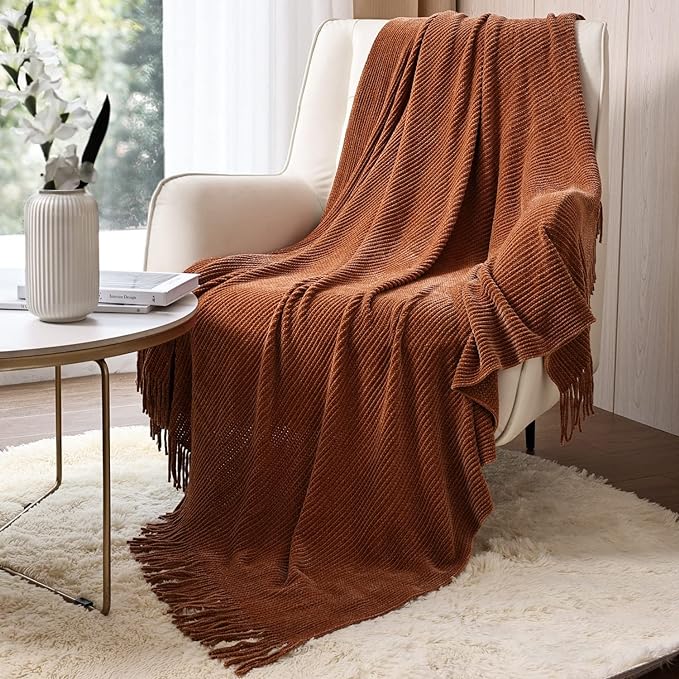 CREVENT Farmhouse Rust Chenille Throw Blanket for Couch Sofa Chair Bed Home Decoration, Soft Warm Cozy Knit Blanket for Spring (50''X60'' Caramel / Brown / Burnt Orange)