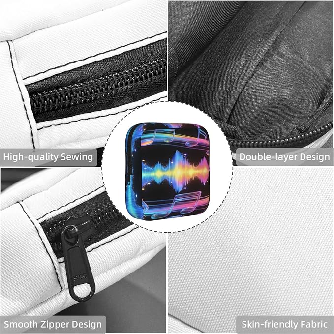 Women Period Bag with Zipper, Compact Polyester Sanitary Napkin Storage Pouch Colorful Music Notes, Feminine Care Organizer for Purse Travel