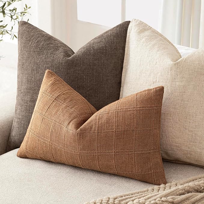Foindtower Set of 2 Decorative Linen Check Throw Pillow Covers Neutral Farmhouse Lumbar Cushion Covers Modern Boho Home Decor for Sofa Chair Couch Bedroom Living Room,12×20 Inch,Brick