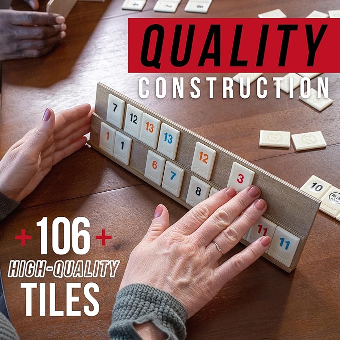 Front Porch Classics, Rummikub Vintage Edition in All-Wood Storage Case with 4 Built-in Player Trays and 106 Rummikub Tiles, for 2 to 4 Players Ages 8 and Up