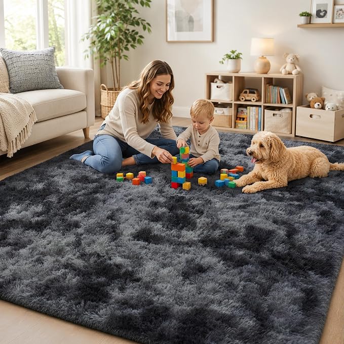Area Rug for Living Room Bedroom:6x9 Black Grey Soft Fluffy Shag Upgrade Non-Slip High Pile Carpet Large Fuzzy Plush Indoor Floor Decor Shaggy Rug for Kid Boys Girls Playroom Nursery Modern Home
