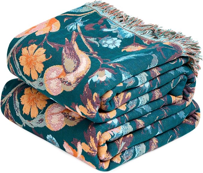 MSGKV Boho Throw Blanket 50"x60" Cotton Birds Floral Blanket for Couch | Muslin Throw, Birds Floral Pattern, Reversible Woven, Lightweight Comfort, Farmhouse Decor, All Seasons, Machine Washable