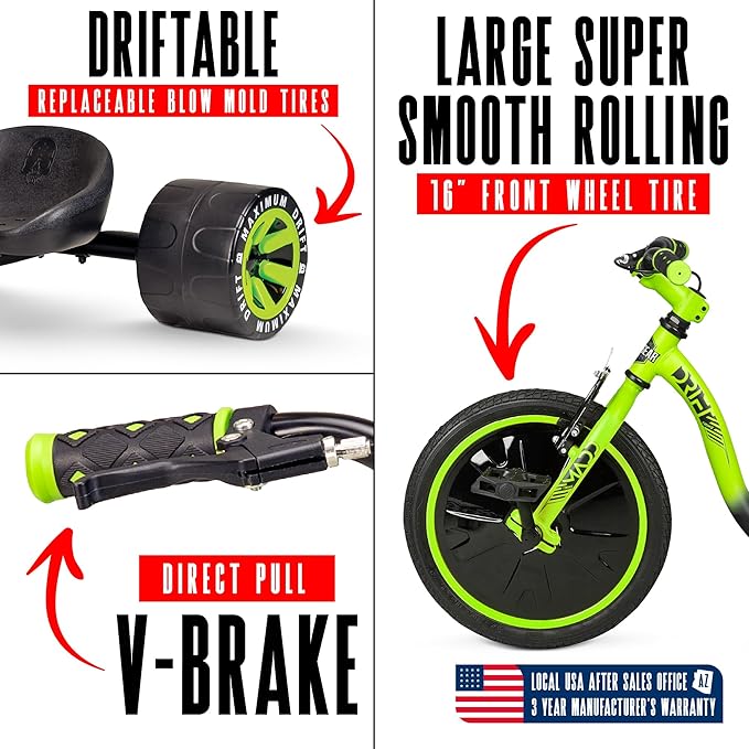 Drift Trike for Kids Ages 5+ – 16" Front Wheel Ride-On with Adjustable Seat, Steel Frame, Rear Slick Drift Wheels & Safety Flag – Madd Gear
