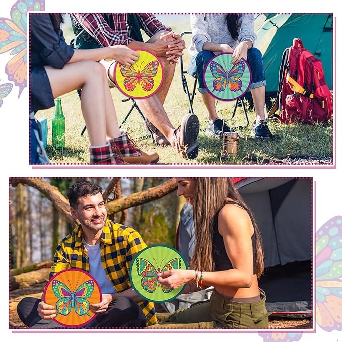Gejoy 24 Pcs Colorful Butterflies Foldable Fan Style Summer Butterflies Handheld Round Folding Flying Disc for Women Man Daily Use Festival Wedding Party Favors Decorations Portable, 8 Style