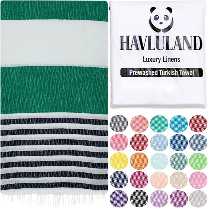 HAVLULAND Turkish Beach Towels, Oversized 40"x72" Turkish Bath Towel, Highly Absorbent Quick Dry Sand Free Beach Towels for Beach Pool Spa Gym Yoga Travel Camping Picnic Blanket - Green/Navy