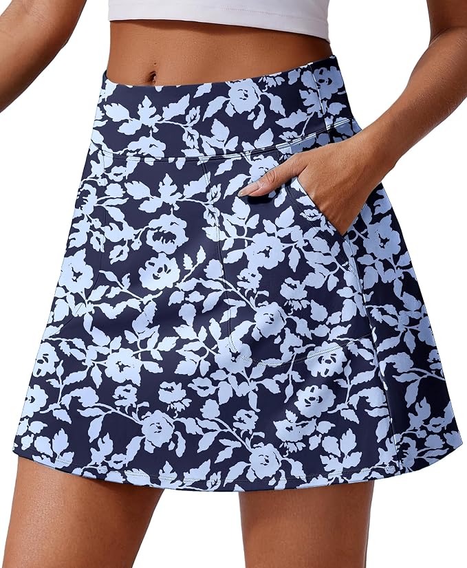 PINSPARK 17" Golf Skorts for Woman High Waisted Tennis Skirt with 4 Pockets | Lightweight, Quick Dry, 4-Way Strecth, Breathable, Tummy Control, UPF 50+ Athletic Skort for Workout, Pickleball, Gym, Casual