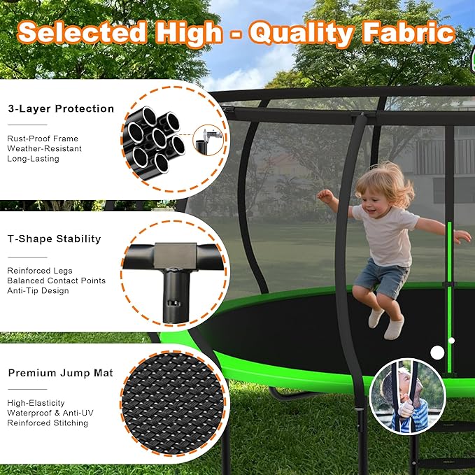 DeepRoar 2026 Upgraded 8/10/12/14/15/16FT Pumpkin Tranpoline for Kids, Heavy Duty 1500LBS Outdoor Tranpoline Set with Basketball Hoop, Light, Sprinkler & Socks, Recreational Trampolings, ASTM Approved