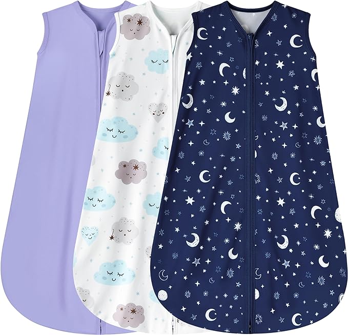 BSTOPPT 3 Pack Baby Sleep Sack 0-6 Months 100% Rayon Cotton Baby Sleeping Bag 2-Way Zipper Toddler Wearable Blankets Comfy Stretchy Lightweight TOG 0.3 （Purple&Clouds&Starry Sky）