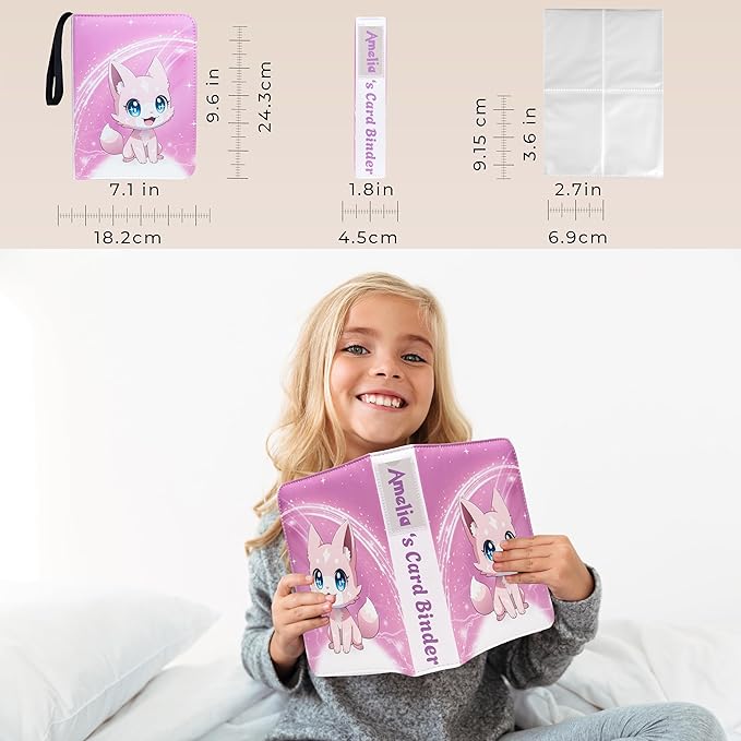 Trading Card Binder 4 Pocket Gifts for Girls, 440 Pockets Pink 3 Ring Binder, Includes Name Tag, Tab Stickers, Cards Binder Album Book Holder Case for Baseball Football Sports Tcg Binder