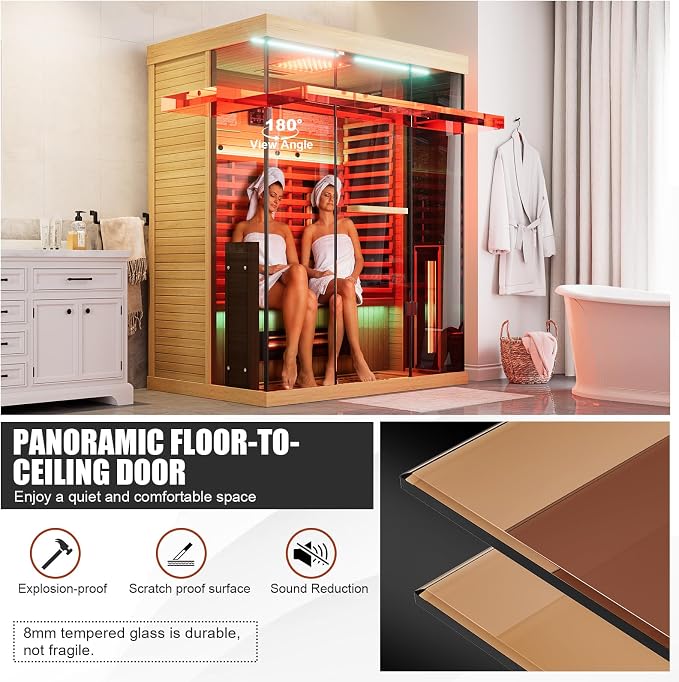 MEISSALIVVE Full Spectrum Infrared Sauna，2-3 Person Home Sauna，Wooden Canadian Hemlock Indoor Spa Sauna with Resonance Speaker, Panoramic Tempered Glass Door