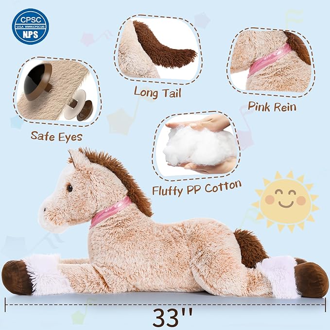 MaoGoLan Large Horse Stuffed Animal for Boy, Big Horse Plush Toy for Girl, Ridable Stuffy Pony for Kid, Stuffed Pony Plush Pillow for Baby Shower, Birthday Gifts or Party Favor, 33 inches, Brown