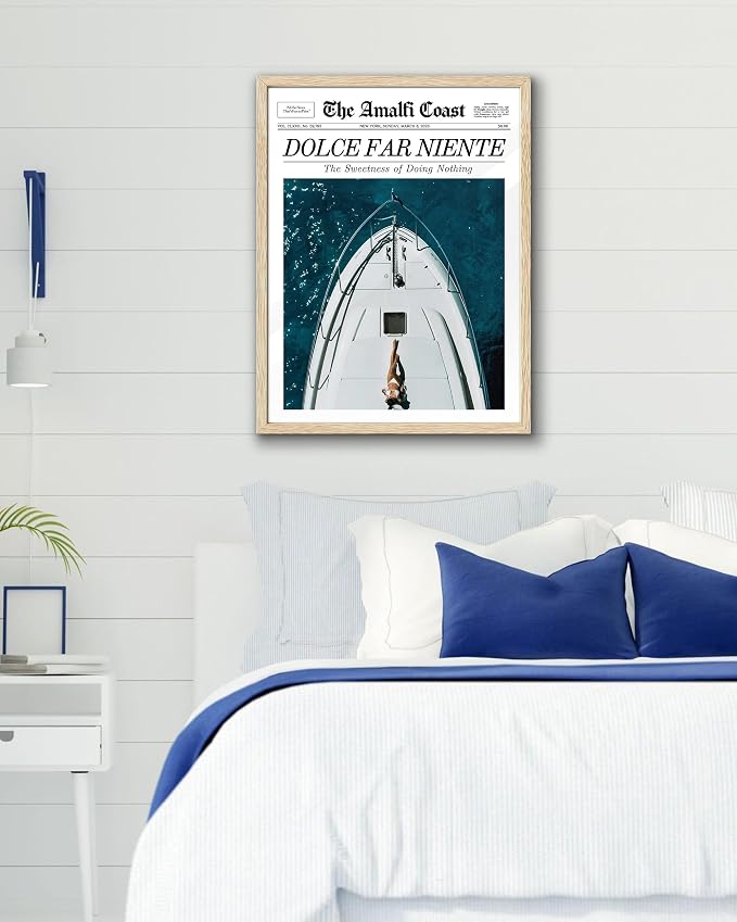 EcoHest 16x20 in Dolce Far Niente Newspaper Framed Wall Art | Solid Oak Wood Frame, Canvas Wall Art, Italian Summer Newspaper Wall Decor for Living Room, Bedroom, Apartment, Dorm, 1Pack
