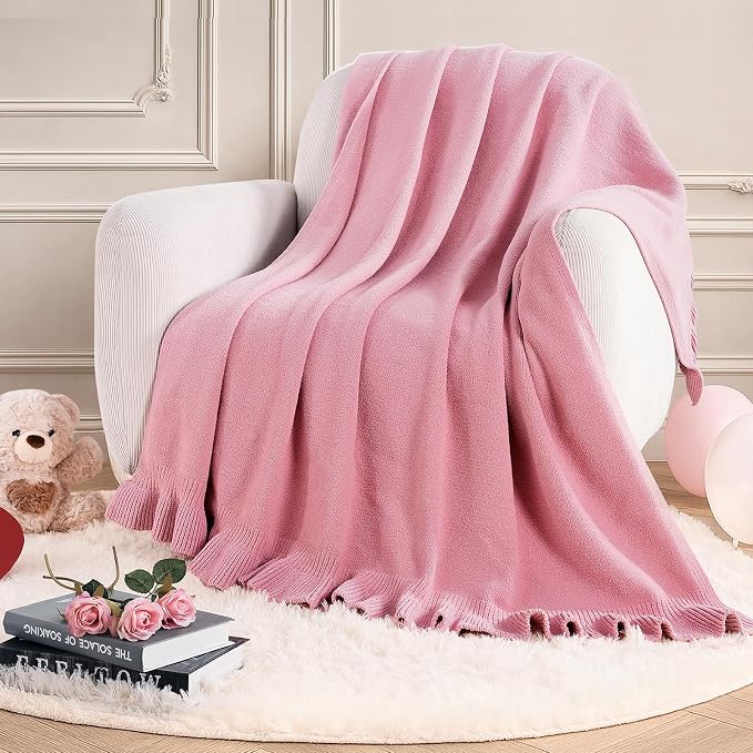 Ultra Soft Ruffle Knit Chenille Throw Blanket for Couch & Bed, Cozy Flowers Blankets for Home Decor, Gifts for Women Mom Sister on Mother's Day Valentine's Day Birthday, 50"x60", Pink