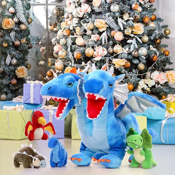 Tezituor Double Headed Dragon Stuffed Animals, 5 PCs Stuffed Dinosaur Plush Toys Set, Mommy Dragon with 4 Baby Dinosaurs Plushies Inside,Dino Gift for Girl Boy, 20 inch
