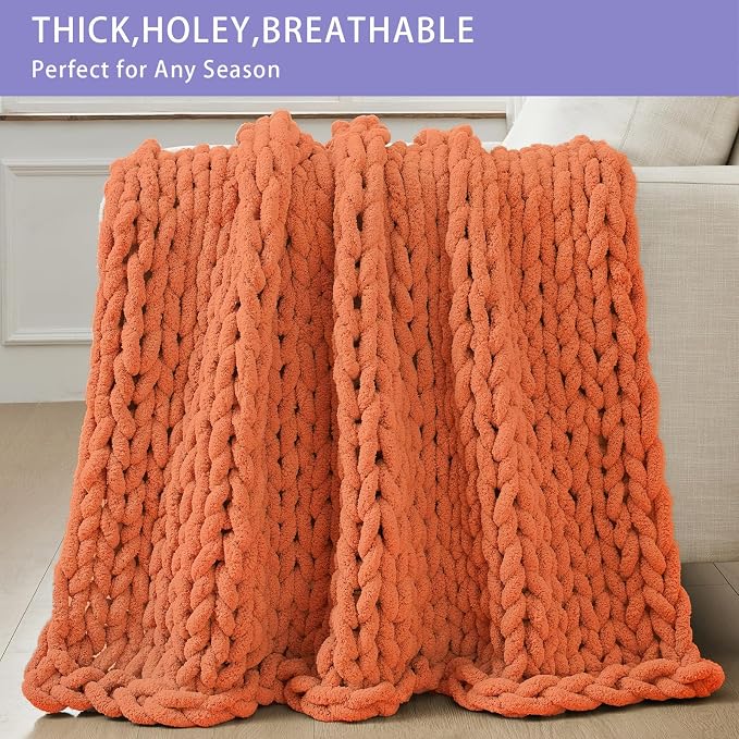 Bigacogo Chunky Knit Throw Blanket for Couch, 40x60 inches, Terracotta | Hand Knit with Jumbo Chenille, Soft Breathable Cable Knit for Sofa Bed Living Room, Machine Washable, Gift for Mom Friend