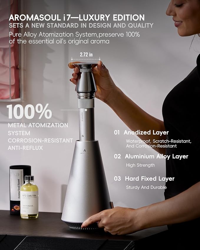 All-Metal Waterless Scent Diffuser Kit – 1500 Sq.Ft Coverage, Wireless Rechargeable,App Control, Mood Light, Hotel Scent Diffuser, Includes 5×15ml Essential Oils, for Home,Large Room,Spa,Silver