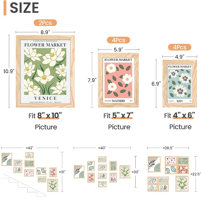 upsimples 10 Pack Picture Frames Collage Wall Decor for Mounting or Tabletop Display, Photo Gallery Frame Set for Family, Multi Sizes Including 8x10, 5x7, 4x6, Natural | Multi Picture Frames Collage Wall Decor, Gallery Wall Frame Set, Gift For Christma...