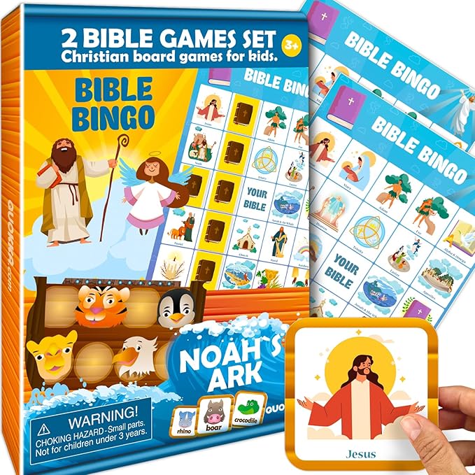 QUOKKA Noah's Ark and Bible Bingo for Kids - 2 Bible Games Set in 1 Box – Kids Bingo & Noah’s Ark Memory Board Game – Faith-Based Christian Toys for Sunday School, Homeschool, Family Game Night