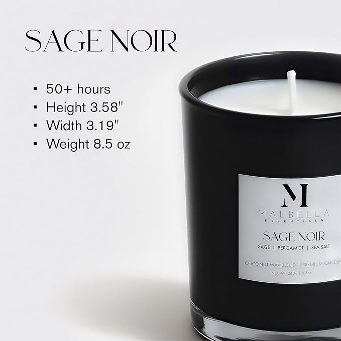 Sage Noire Luxury Scented Candle for Women & Men | 8.5 oz Hand-Poured Coconut Wax Blend | Modern Self-Care Aromatherapy Candle | 50 Hr Burn | Gift-Ready Glossy Glass Vessel