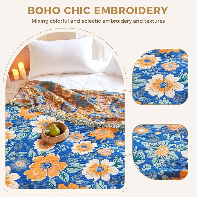 LUTBM Boho Throw Blanket for Couch 50"x60", Cotton Decorative Bed Throws | Blue Reversible Florals Jacquard, All-Season Lightweight Soft Blanket, For Chair Sofa Bedroom Living Room Decor