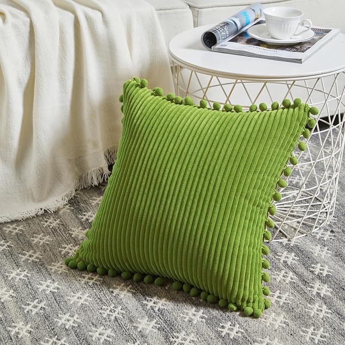 Fancy Homi Pack of 2 Lime Green Decorative Throw Pillow Covers with Pom-poms, Soft Corduroy Solid Square Cushion Cases Set for Couch Sofa Bedroom Car Living Room (20x20 Inch/50x50 cm, Lime Green)