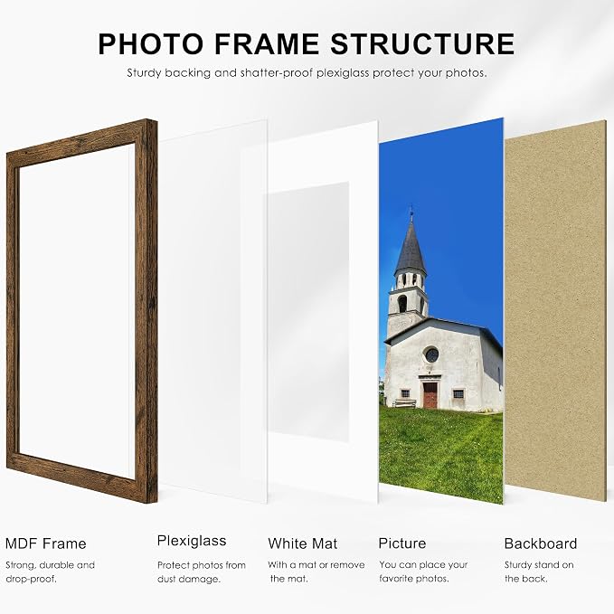 8x10 Picture Frame Set of 6, Wall or Tabletop Display, Rustic Brown | Display Pictures 5x7 with Mat or 8x10 Without Mat, Horizontal or Vertical, Gallery Wall Frame Set, Wedding Birthday Gifts