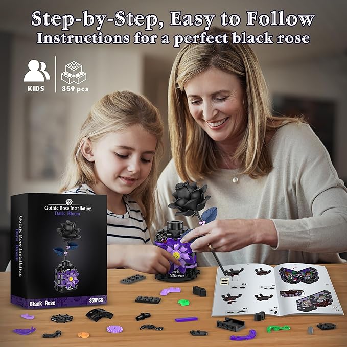 Gothic Black Roses Building Blocks Kit, Mysterious Dark Bloom with Vase Toy Building Sets for Boys Girls, 359 Pcs Artificial Flower Building Toys Halloween Decor Gifts for Kids Adults