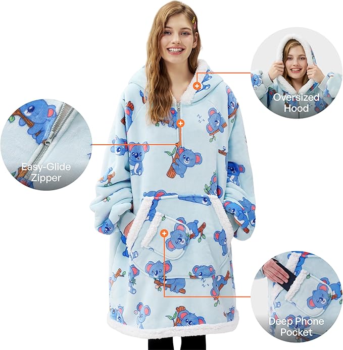 Giggling Getup Wearable Blanket Hoodie for Adults Gifts for Teen Girls Sister Women Sherpa Fleece Printed Hooded Blanket Sweatshirt Warm Cozy with Pocket & Sleeves Sky Blue Koala
