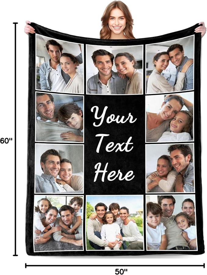 Funny DIY Custom Blanket with Picture Text Customized Blankets Customizable Photo Blanket Personalized Fathers Day Mothers Day Valentine's Birthday Gifts for Mom Dad Girlfriend Boyfriend Man Women