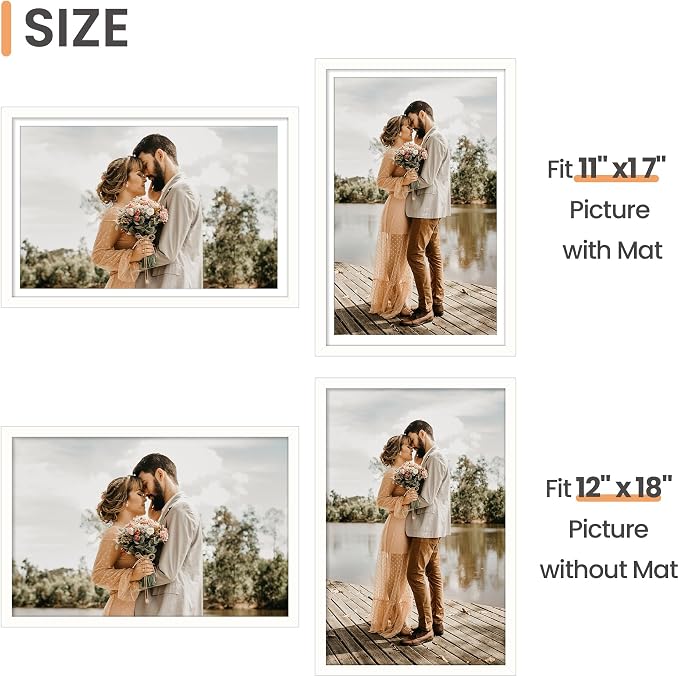 upsimples 12x18 Picture Frame, Display Pictures 11x17 with Mat or 12 x 18 Without, Wall Hanging Poster Frames, White, 1 Pack