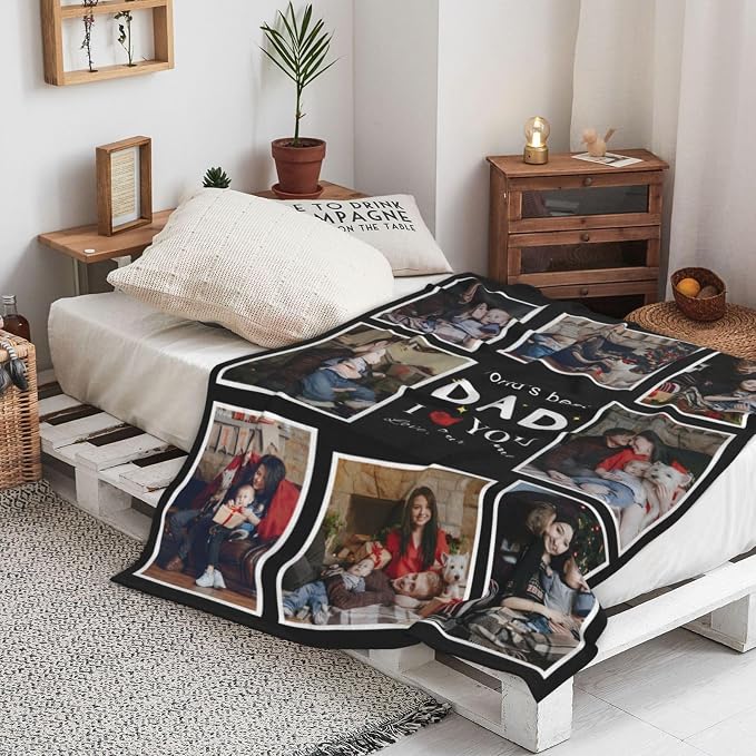 Fathers Day Birthday Gift for Dad Custom Blanket with 8 Photo & Text, Personalized Blankets with Picture to My Dad, HD Printing Customized Flannel Throw Blanket Gifts for Best Daddy Grandpa Ever