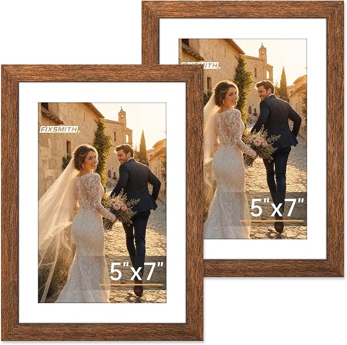 FIXSMITH 5x7 Picture Frame 2 Pack, Rustic Brown Photo Frame with HD Plexiglass, Display Pictures 4x6 with Mat or 5x7 Without Mat, Rustic Brown Multi Picture Frames Collage for Tabletop or Wall Display