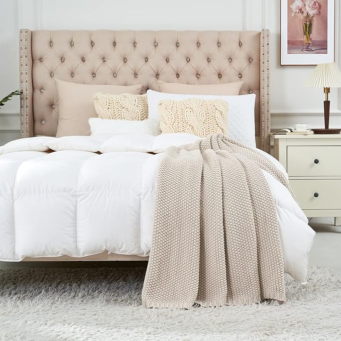 Chunky Cable Knit Throw Blanket Lightweight Beige 100% Organic Cotton Blanket for Sofa Couch Bed Baby Nursery, Rustic Shabby Chic Modern Farmhouse, 51” x 63” Give Laundering Bag
