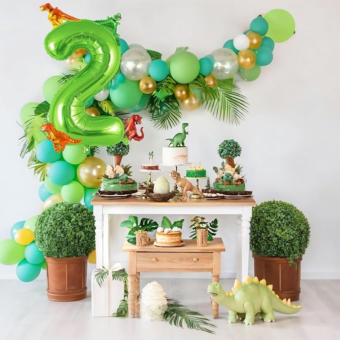 Dinosaur Green Number 2 Balloon, 40 Inch Big Large Foil Helium Green Number Balloon with 4 Pcs Mini Dinosuar, Dinosuar Balloons Set for 2 Year Old Birthday Party Decorations Supplies
