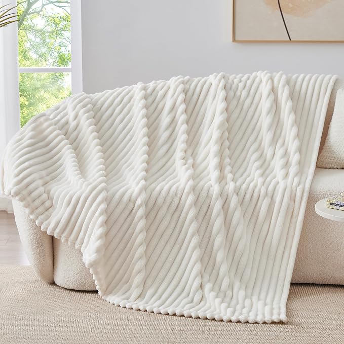 BEDELITE Fleece Throw Blanket for Couch - 300GSM Soft & Warm Fluffy Cream White Blanket, Decorative and Giftable Striped Blankets for Women, Men, 50"x60" (Pack of 2)